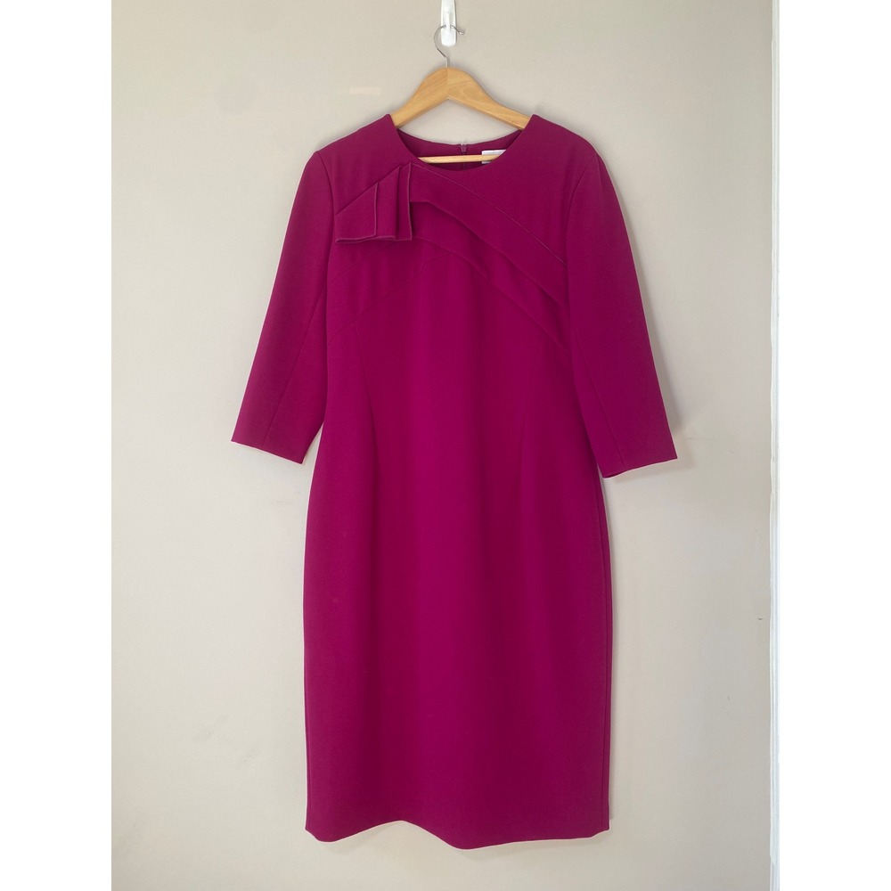 The Fold London Magenta Pleated Neckline Sheath Dress Size 14 Pink 3/4 Sleeve